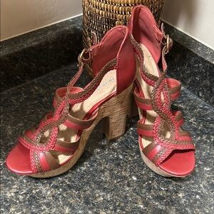 BCBGeneration Braided Red And Brown Strappy Heels With Cork Bottom